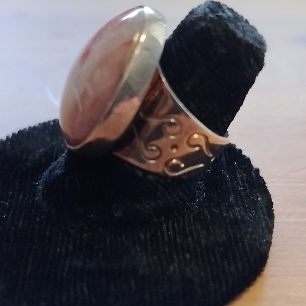 Vtg Jay King DTR China 925 Sterling Silver & Pink tear drop cabochon Agate Ring - Picture 2 of 8